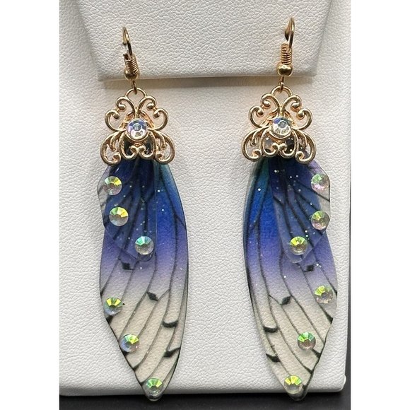 Fairy Earrings Butterfly Wings Handmade Fantasy Elvish Nature‎ Blue Rhinestones - Picture 2 of 4